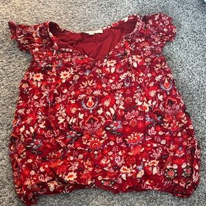 LOFT Red Floral Cap-Sleeve Top